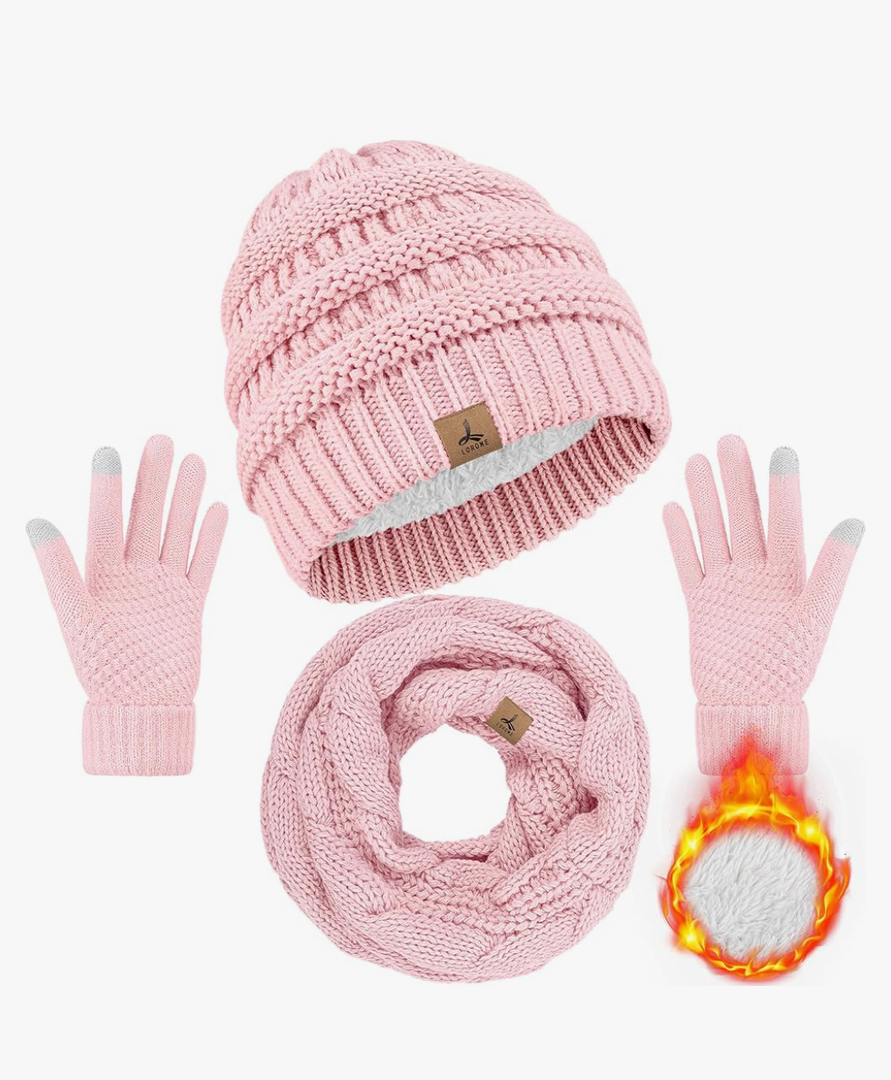 Winter Beanie Hat Scarf Gloves, Warm Fleece Knit Hats Touch Screen Gloves Neck Scarf Set Winter Gifts for Unisex Adult