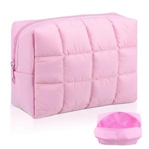 Sunnymove Quilted Cute Makeup Bag 7.5 x 5.5 x 3.5 Inches Checkered Cosmetic Bags Quilted Make up Pouch with Zipper Toiletry Pouch for Women Travel Gift Organization Essentials (Pink)