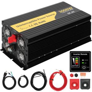 New Upgrade 3000W Pure Sine Wave Inverter Charger, Auto Transfer Switch, Remote Control, DC 12V to 120V AC with LCD Display, Ideal for Off-Grid & Emergency Power