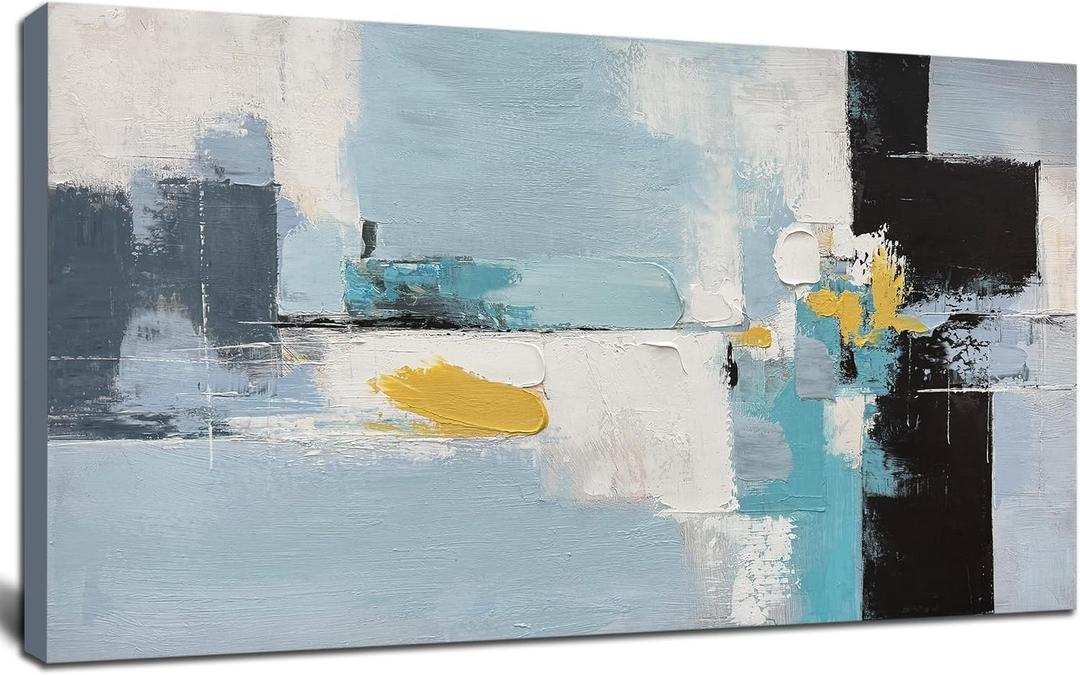 Tarfupth Large Blue Abstract Wall Art for Living Room Black and White Hand Painted Oil Painting Modern Textured Canvas Artwork for Bedroom Home Office 20"x40"