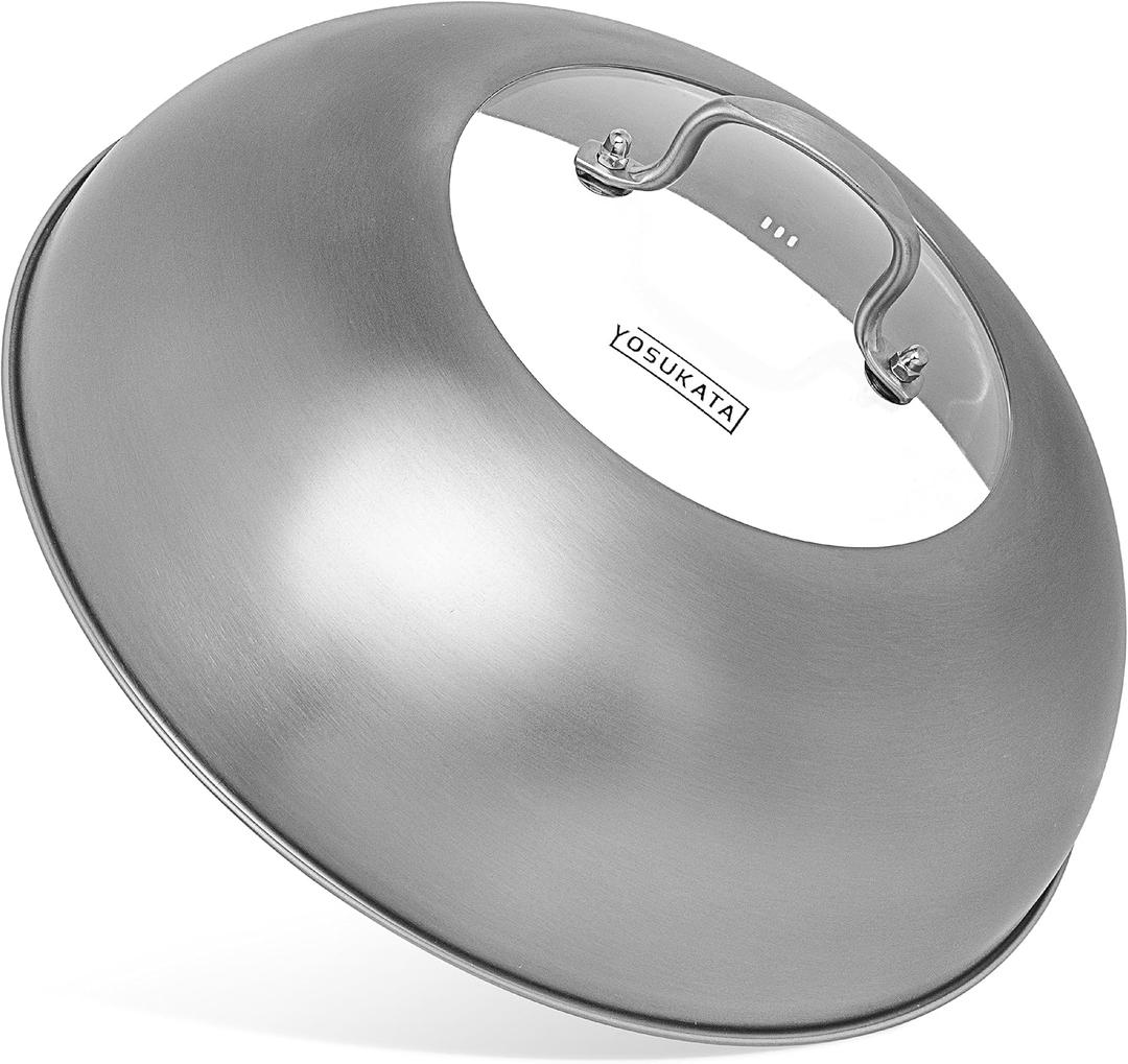 YOSUKATA Wok Lid 12.8 In for 13.5-In Wok - Premium Stainless Steel Cover with Tempered Glass Insert Steam Holes and Ergonomic Handle - Durable Stainless Steel Accessories - Dishwasher-Safe (32.5 cm)