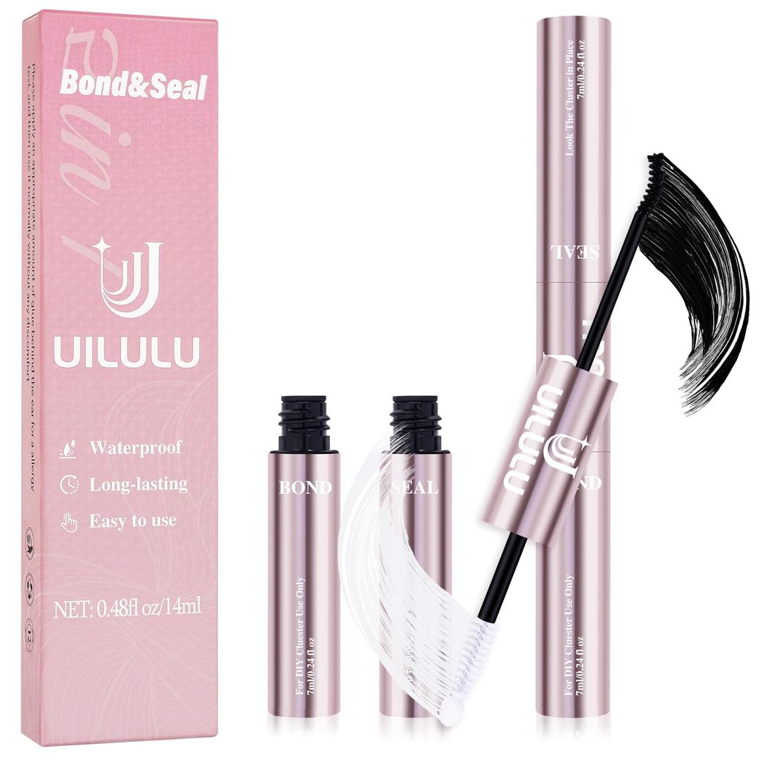 Uilulu Lash Cluster Glue, Lash Bond and Seal for Eyelash Clusters Black 2-in-1 Glue DIY at Home Use Hold Long-Lasting Eyelash Adhesive(7ml+7ml)