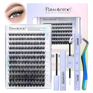 Pawotence Lash Clusters Kit Misha 1018mm Cluster Lashes Extension Kit 144pcs Eyelash Clusters Wet Look Wispy Lashes Cluster Eyelash Extensions with Waterproof Lash Bond and Seal, Remover, Applicator