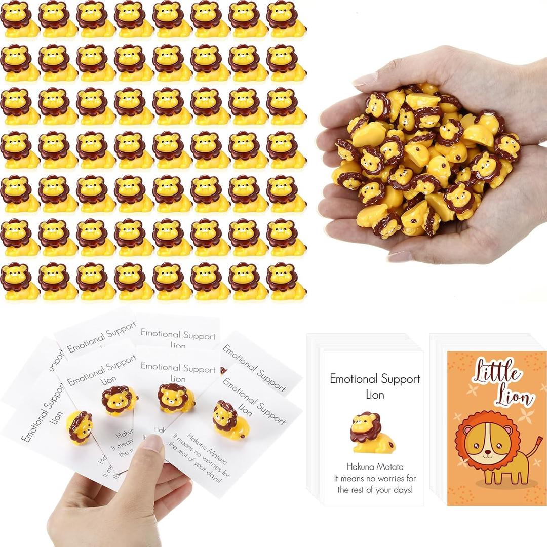 Threehoney 50 Sets Mini Lion Gifts Bulk Lion Resin Figurines with Inspirational Pocket Card Appreciation Gifts for Back to School Team Staff Friend Birthday Party