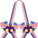 71" Patriotic Wreath Bow with Artificial Roses Double-Sided Red White and Blue American Flag Ribbon Swag for 250th Anniversary 4th of July Independence Day Front Door Decorations