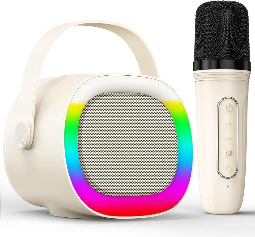LENRUE Karaoke Machine for Kids with 2 Wireless Microphone, 4 Magic Voices, Karaoke for Girls Boys, Best Birthday Gifts for Kids 4, 5, 6, 7, 8, 9, 10, 11, 12+ (Beige 1 Mic)