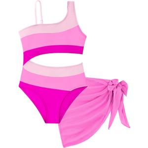 UIQUR Girls Swimsuit One Piece Bathing Suit with Mesh Cover Up Adjustable Straps Swimwear 7-16Y (13-14 Years, Pink)