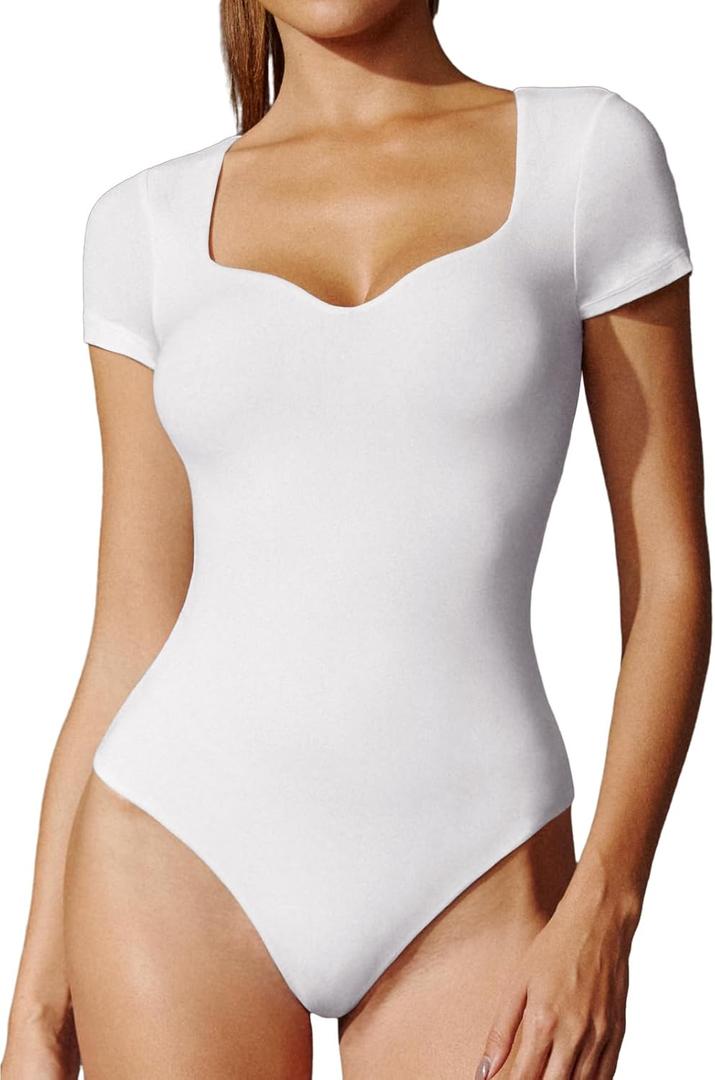 IUGA Short Sleeve Bodysuit for Women Tummy Control Body Suit Sweetheart Neckline Going Out Tops (Small, White)