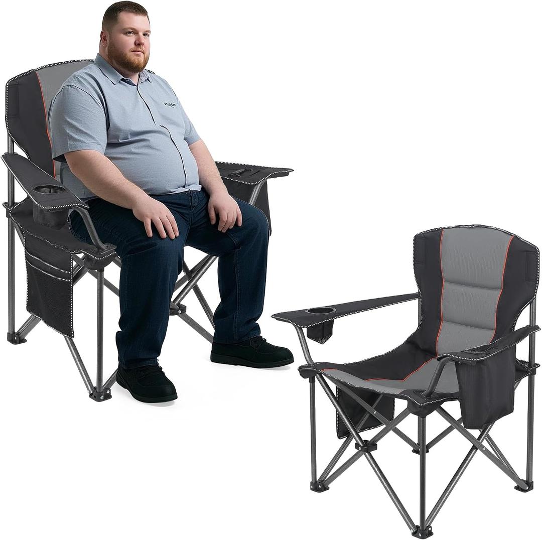 WEIDIORME 2 Pack Heavy Duty Oversized Camping Chair for Adults 400lbs w/Lumbar Support - Folding Chairs with Side Pocket, Cup Holder & Cooler Bag for Beach, Fishing, Lawn, Backyard Black