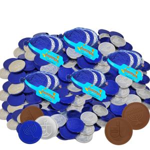 2 x The Dreidel Company Blue & Silver Hanukkah 24-Pack Mesh Bags Milk Chocolate Coins, Hanukkah Menorah & Dreidel Design Gelt, Non GMO, Kosher Certified OU-D 4 Coins Per Bag (BBD 11/02/27)