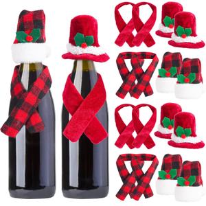 Christmas Bottle Cover Set Christmas Buffalo Plaid Santa Hats and Scarfs Bottle Decoration for Xmas Ornaments Party,24 Pieces