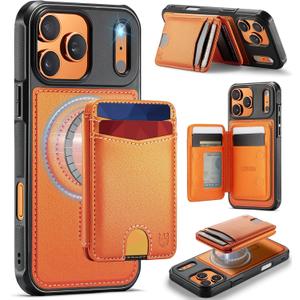 for iPhone 17 Pro Max Wallet Case Compatible with Magsafe, Magnetic RFID Blocking Card Holder Kickstand 2 in 1 Detachable Case for iPhone 17 Pro Max 6.9", Orange