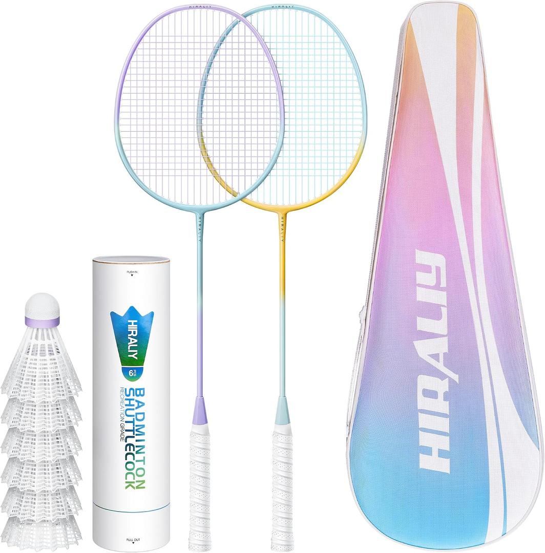 HIRALIY Badminton Rackets Set for Backyards, Badminton Set, Includ 2/4 Rackets, 6/12 Birdies, 1 Carrying Bag, Outdoor Game for Adult Family Beginner