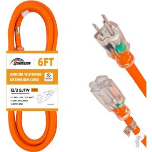 Indoor Outdoor Extension Cord Weatherproof with Lighted End, UL Listed, 12 Gauge 6FT Orange 3 Prong Heavy Duty, 12/3 SJTW 15A Power Cord for Outdoor Lights, Lawn