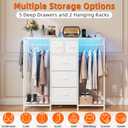 HIGDBFE 49.2W Dresser with 2 Hanging Racks, 5 Drawers Dresser with LED Lights & Charging Station, Dressers TV Stand with Clothes Rack, Shoe Racks and Side Hooks, Chest of Drawers for Bedroom, White, 11.8"D x 49.2"W x 43.9"H