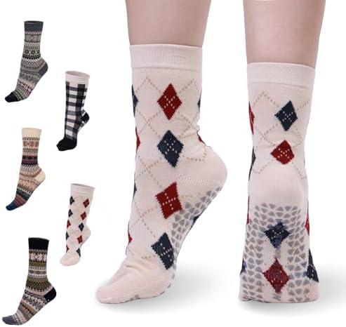 YOZHAKOU Boho Yoga Socks for Women – Non-Slip Grip High Calf Pilates Socks, Gym & Home Exercise.Checked pattern