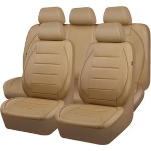 CAR PASS Piping Leather Seat Cover,Universal FIT with Composite Sponge Inside,Airbag Compatible and Reserved Opening Holes,Inside zipper for Cars,Sedan,SUV,Truck (Full Set,Beige with Tan Piping-Stripe)