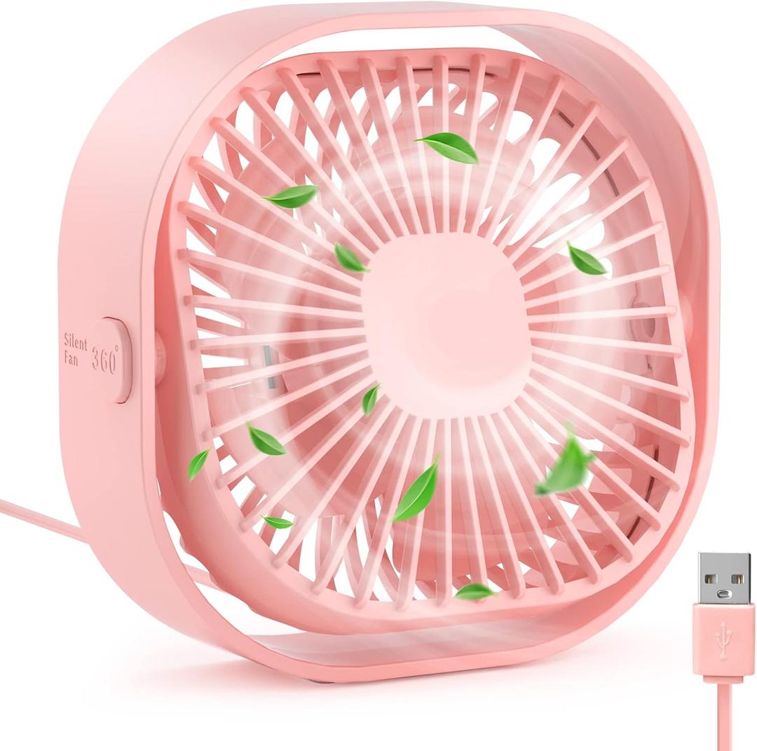 RJVW 4 Inch Small USB Desk Fan, 3-Speed Portable & 360Rotatable Mini Cooling Fan, USB-Powered Desktop Fan for Home Office Bedroom Dorm Indoor Outdoor Summer Gift (Pink)