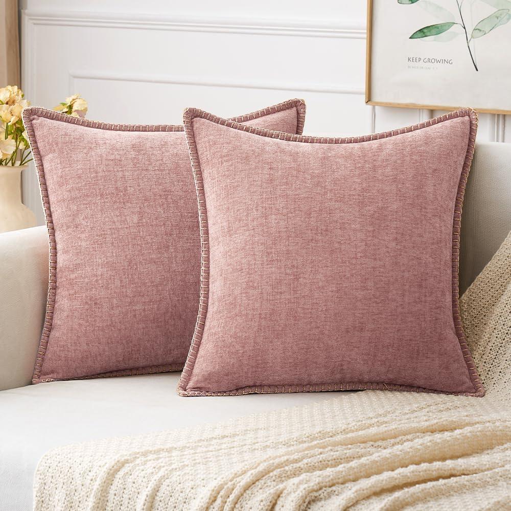 MIULEE Pack of 2 Couch Throw Pillow Covers 20x20 Inch Blush Pink Farmhouse Decorative Pillow Covers with Stitched Edge Soft Chenille Solid Dyed Pillow Covers for Sofa Bed Living Room