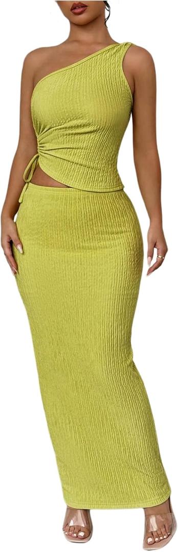 Milumia Women's 2 Piece Outfit Ruched One Shoulder Tank Top and Bodycon Skirt Set (Green, XL)
