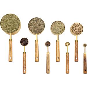 Muchtolove Measuring Cups and Spoons Set of 8, Golden Stainless Steel Measuring Cup with Wooden Handle, Kitchen/ Food/ Liquid/ Baking (Gold)