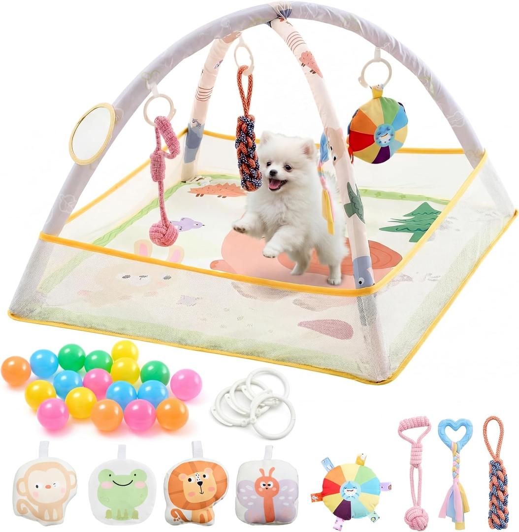 30 x 30 x 21 Inch Puppy Play Gym with 9 Hanging Toys & 18 Ocean Balls Interactive Activity Mat for Dogs & Cats, Includes Squeaky Plush & Chew Toys Portable Snuffle Mat for Pets up to 25 Lbs
