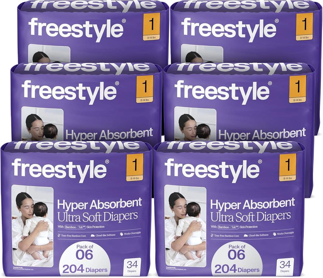 Freestyle BambooTek Diapers - (Size 1) Hyper Absorbent & Non-Toxic  Disposable Diapers for Sensitive Skin  Ultra Soft Diapers (8-14 lbs)  204 Count
