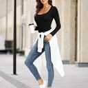 OQQ Women's 2 Piece Bodysuits Sexy Ribbed One Piece Square Neck Long Sleeve Tops (S)