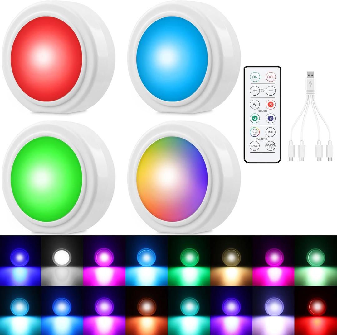 LYCARESUN 4 Pcs Wireless Interior Car Led Lights with Remote Control, 16 Colors USB Rechargeable, Magnetic Touch Ambient Led Lights for Decor