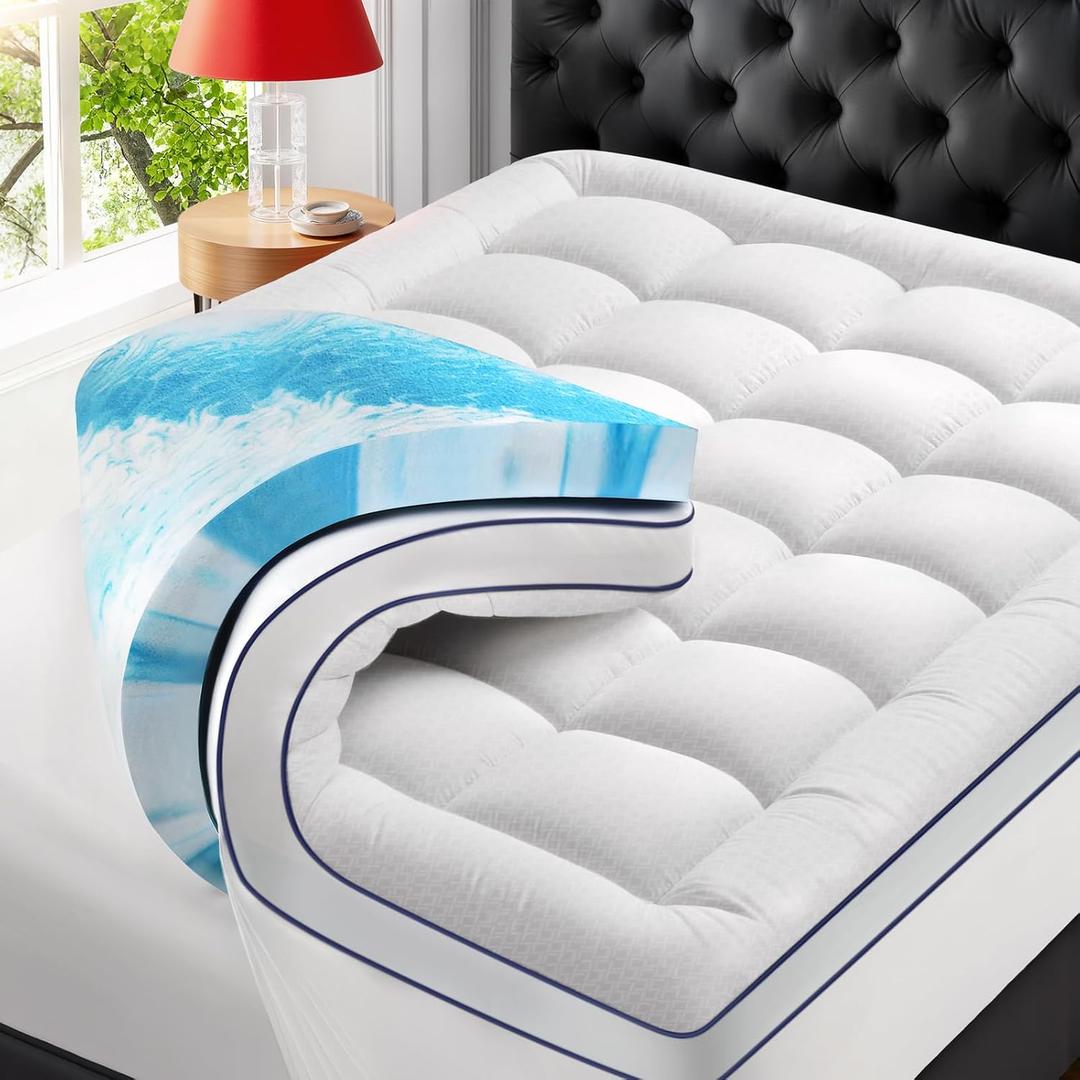 LovingLeashes Premium Dual Layer 4 Inch Memory Foam Mattress Topper, 2 Inch Gel Memory Foam and 2 Inch Pillow Top Mattress Pad Cover for Back Pain, Extra Thick Comfort Support（Queen 60"x80"）