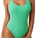 Limeeke Women One Piece Swimsuit Solid Ribbed Monokini Swimwear Scoop Neck Low Back Bathing Suit (Medium, Lake Green)