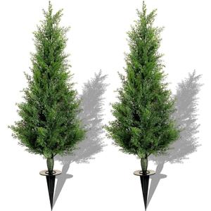Canlierr 2 Set 3 ft Christmas Artificial Cedar Trees with Ground Spike UV Resistant Artificial Topiary Tree Outdoor Fake Shrub Plants Potted Pine for Porch Garden Entryway Front Door Decor
