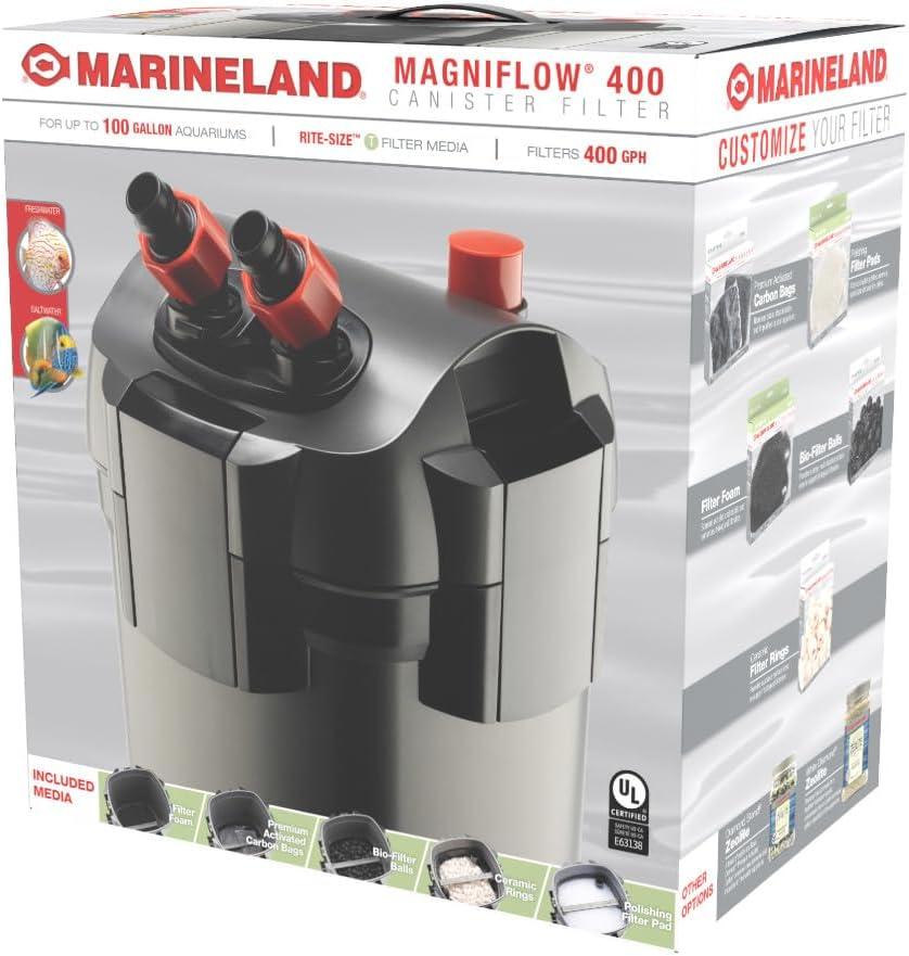Marineland Magniflow 400 Canister Filter, 1 Count, For Up to 100-Gallon Freshwater or Saltwater Aquariums, Includes Rite-Size T Filter Foam and Polishing Filter Pads, Premium Activated Carbon Bags
