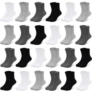Toddler Socks, 24 Pairs Kids Socks for Boys Girls 7-10Years Kids Crew Socks Multipack Athletic White Black Grey