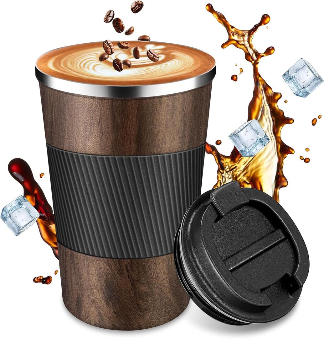 Insulated Travel Coffee Cup with Leak Proof Lid,To Go Camping Stainless Steel Vacuum Coffee Mug, Reusable Coffee Tumblers Hot & Cold Drinks Gifts Multiple Sizes and Colors (12 Ounces, Wood)