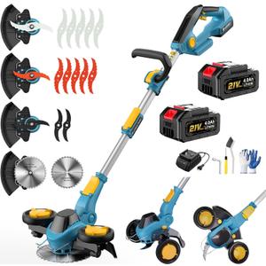 Weed Wacker Cordless, Brushless Electric Weed Eater, Battery Powered | 11 Inch Blades, 2 X 4.0Ah Batteries, 4 in 1 Edger/Grass Trimmer/Mini Mower/Brush Cutter, 4 Types Blades, Lightweight