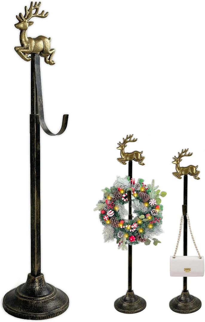 Adjustable Cast Iron Reindeer Wreath Stand  Front Door Wreath Hanger & Display Hook,Wreath Stands for Display, Hats & Ornaments, Christmas Holiday Doorway Decorwreath stand