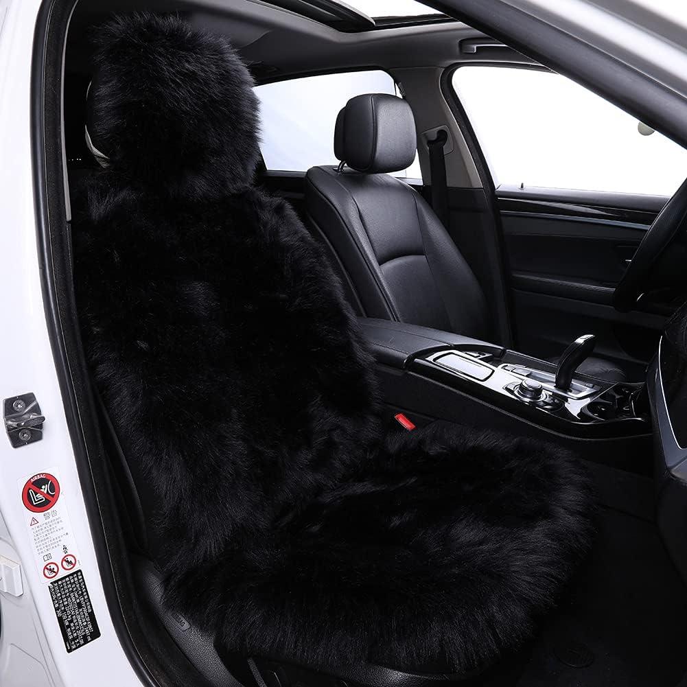 1Pc Faux Sheepskin Wool Fur Car Seat Cover for Cars SUV Trucks Universal Fit, Soft Plush Synthetic Wool Buck Fur Car Seat Cushions by FLMaples(Black)