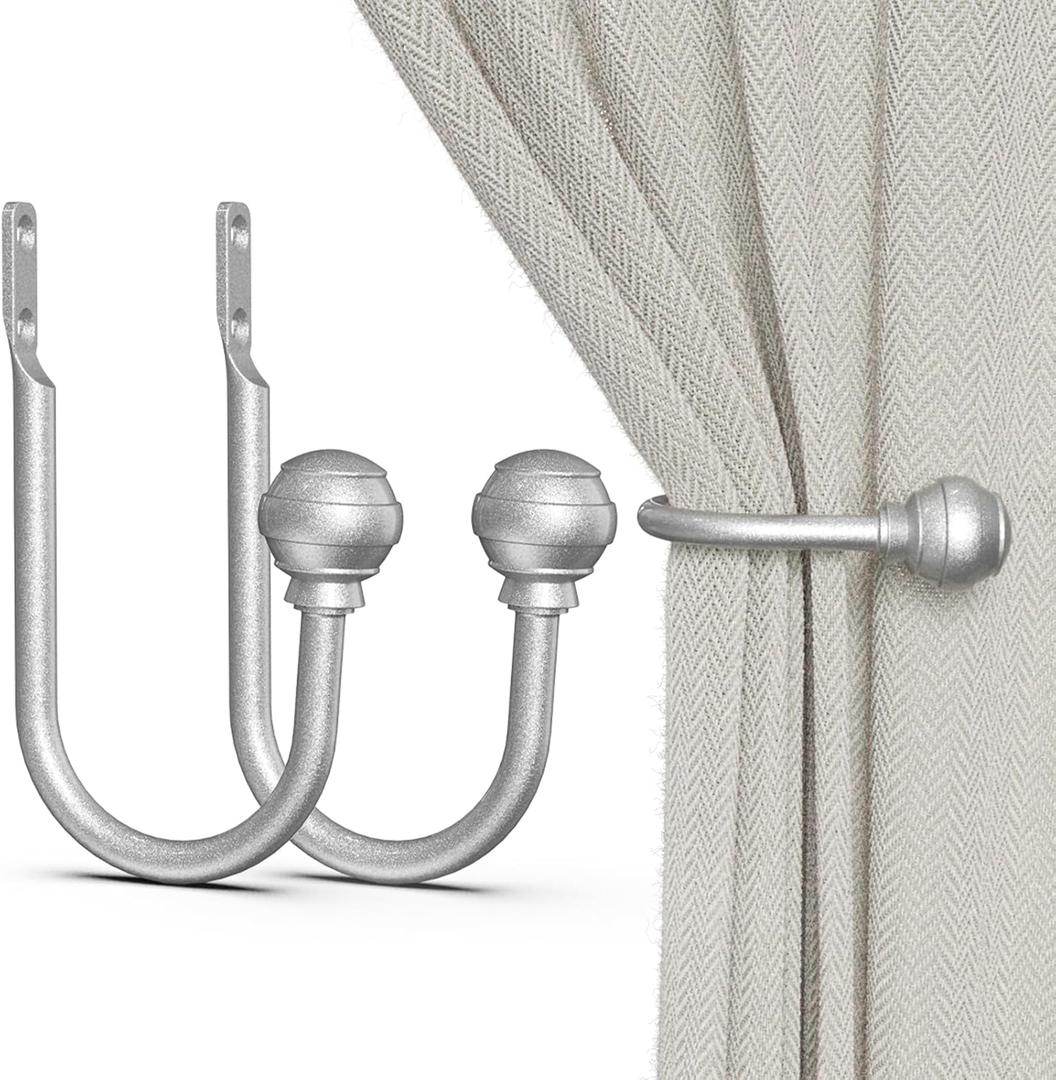Hion Curtain Holdbacks Silver 2pcs, Curtain Tiebacks Wall Mounted Curtain Hooks Holders for Drapes