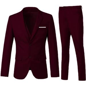 Men's 3 Piece Slim Fit Suit Set, Two Button Blazer Solid Jacket Vest Pants Wedding Business Suit (Small, Burgundy)