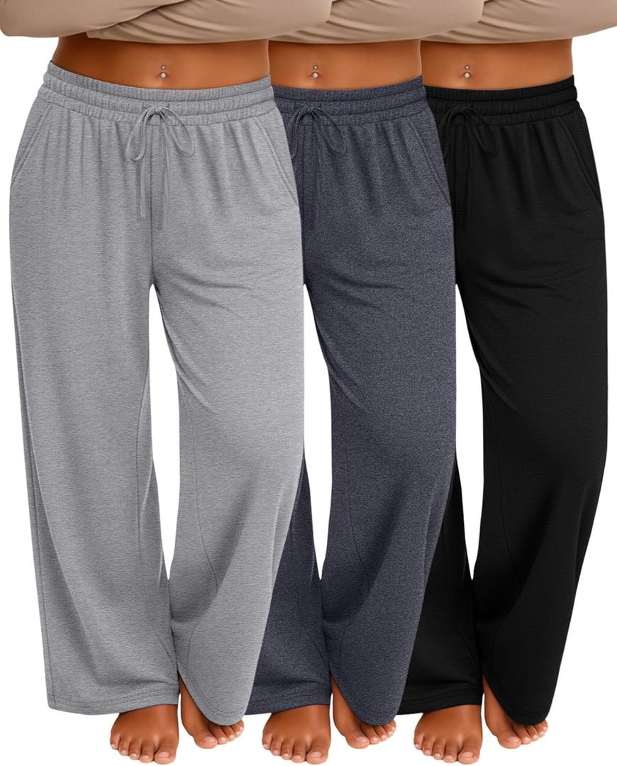 Neer 3 Pack Women's Plus Size Pants with Pockets Ladies Yoga Wide Leg High Waist Drawstring Sweatpants Elastic Lounge Pants (Black, Dark Gray, Light Gray, 3X-Large)