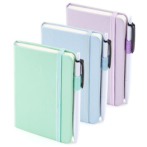feela 3 Pack Pocket Small Notebook Journals, Mini Cute Hardcover College Ruled Notepad Women Office Supplies, with 3 Black Pens, 3.5”x 5.5”, A6, Pastel Colors, Light Blue, Light Purple, Light Green