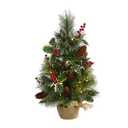 Nearly Natural 16" Mixed Pine With Burlap Base And Holly Berries And Pinecones And 35 Clear Led Lights Pre-Lit Christmas Tree
