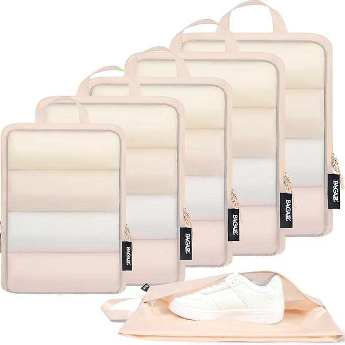 BAGAIL 5 Set Ultralight Compression Packing Cubes Packing Organizer for Travel Accessories Luggage Suitcase Backpack(70D FullMesh 5Set Cream)