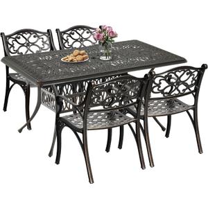 DWVO 5-Piece Outdoor Furniture Cast Aluminum Patio Dining Sets, All-Weather Patio Bistro Sets with 4 Chairs, 59 Inches Round Table with Umbrella Hole, Adjustable Feet for Balcony Backyard Deck Garden