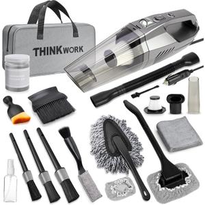 THINKWORK Car Cleaning Kit, Car Vacuum Kit, Gray Car Interior Detailing Kit with 8000PA High Power Vacuum, Including 7Pcs Detailing Brush Set and Bag