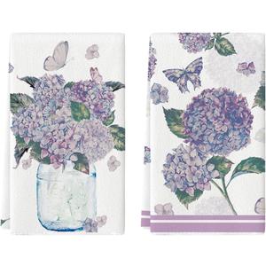 Artoid Mode Purple Hydrangea Vase Butterfly Spring Kitchen Towels Dish Towels, 18x26 Inch Summer Flowers Holiday Decoration Cleaning Set of 2