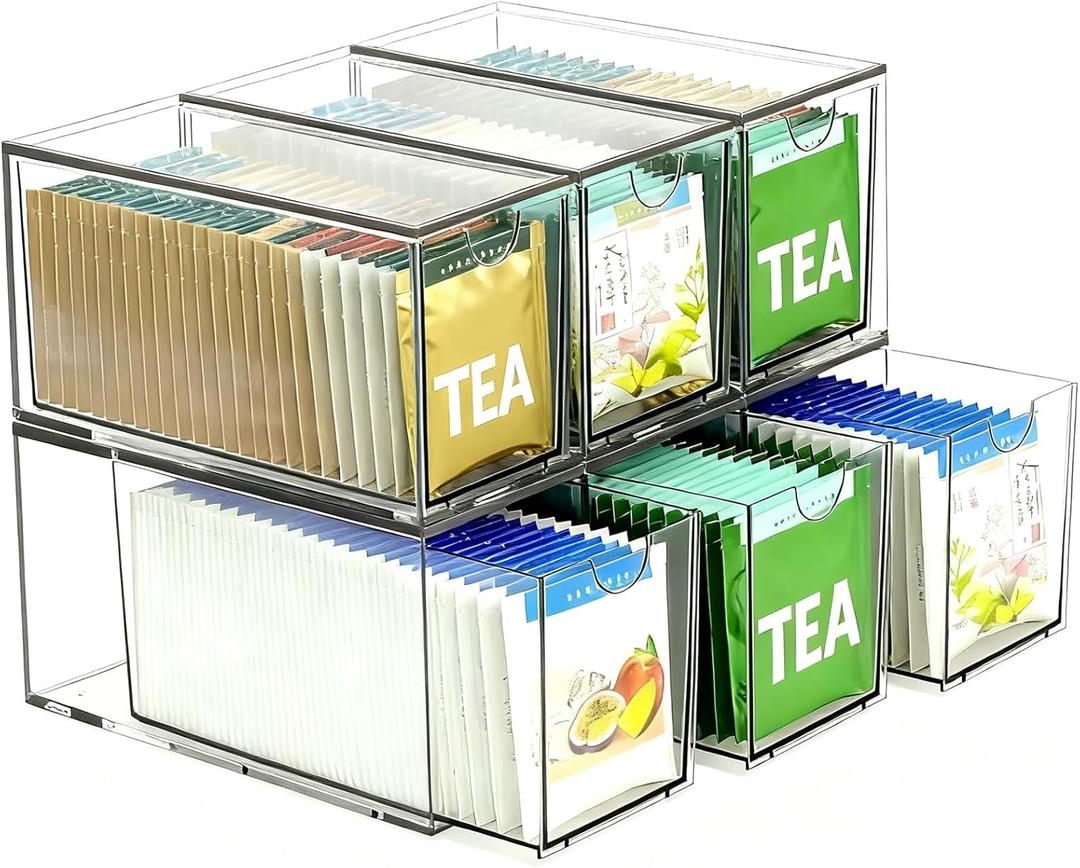6 Pack Stackable Tea Bag Organizer Drawers Clear Acrylic Tea Bag Holder for Cabinet, Drawer, Pantry, Countertop Kitchen Tea Storage Container