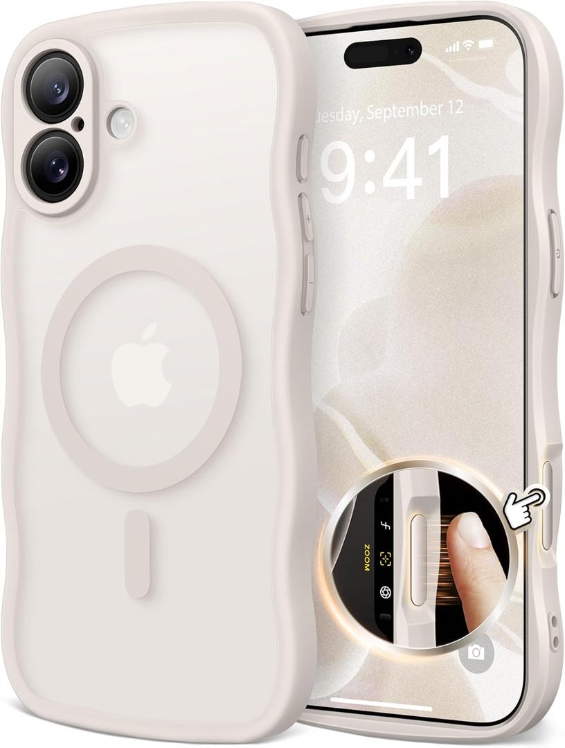 CAPRARO for iPhone 16 Case for Women Girls, Upgraded [Full Camera Protection] [Compatible with MagSafe] Cute Wave Translucent Matte Phone Case for iPhone 16, Stone