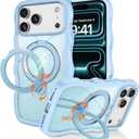 for iPhone 17 Pro Max Case with 360 Magnetic Stand, Clear Glitter Cute Curly Wave iPhone 17 Pro Max Phone Case Compatible with MagSafe, Ring Kickstand Shockproof Cover for Women Men,Blue